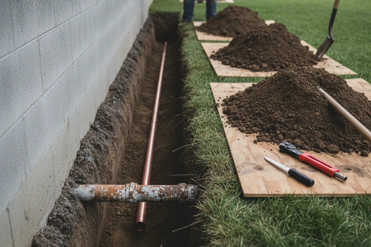 Excavated water line trench during Sewer Line Repair in Yamhill